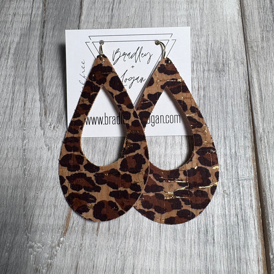 Small Print Leopard with Gold Flake Cork Earring Collection - Large Size
