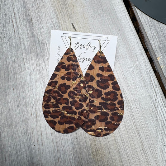 Small Print Leopard with Gold Flake Cork Earring Collection - Large Size